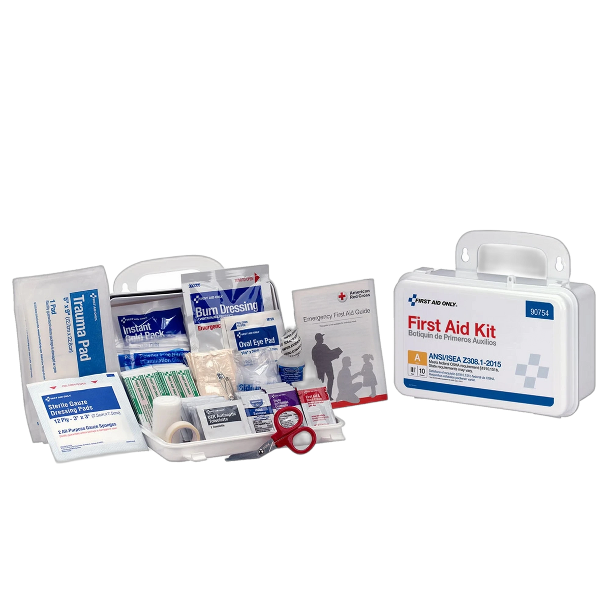 First Aid Only 10 Person First Aid Kit, open case showing trauma pad, burn dressing, gauze pads, tape, scissors and Emergency First Aid Guide beside the closed white plastic case labeled 90754