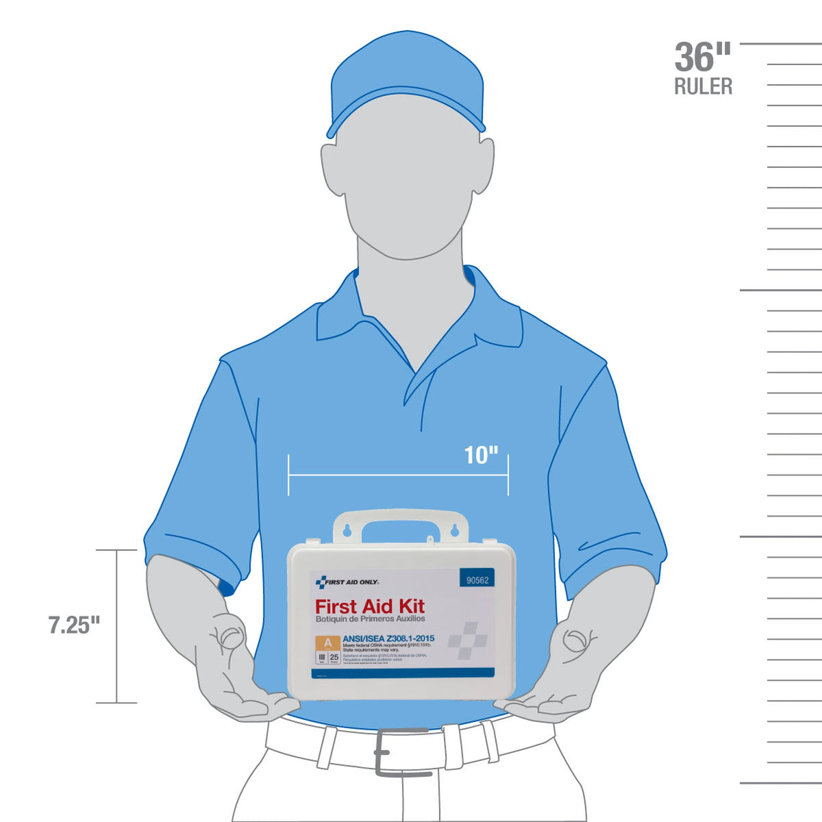 25 Person First Aid Kit case shown held against a torso illustration with dimension callouts of 10 inches width and 7.25 inches height for scale