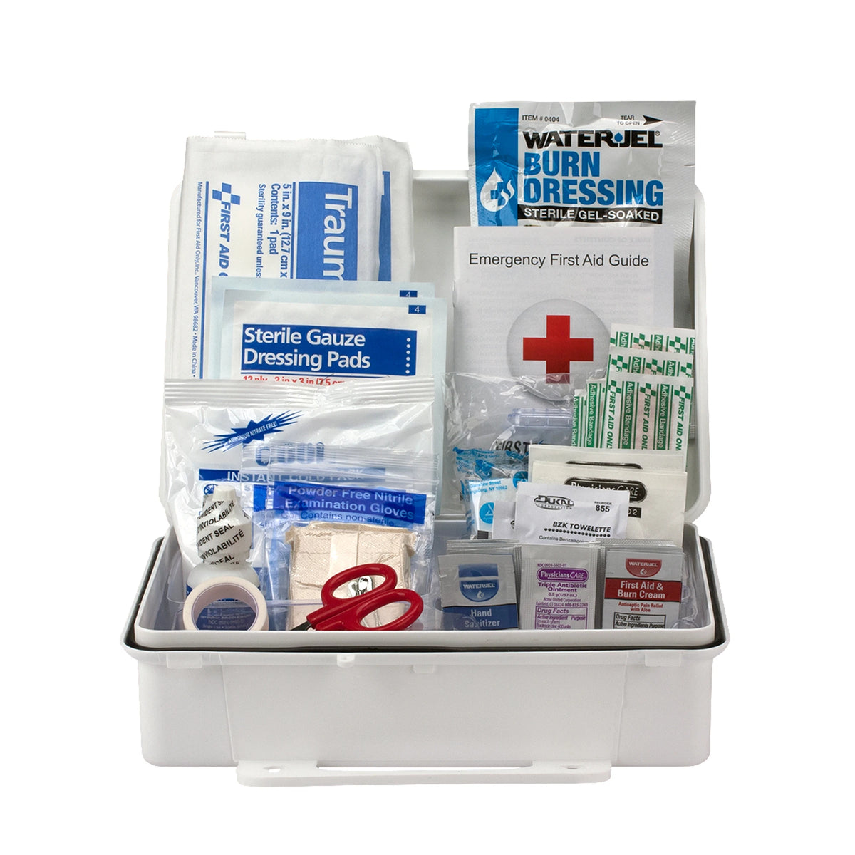 First Aid Only First Aid Kit, open case showing trauma pad, burn dressing packet, sterile gauze dressing pads, cold pack, gloves, antiseptic towelettes and Emergency First Aid Guide