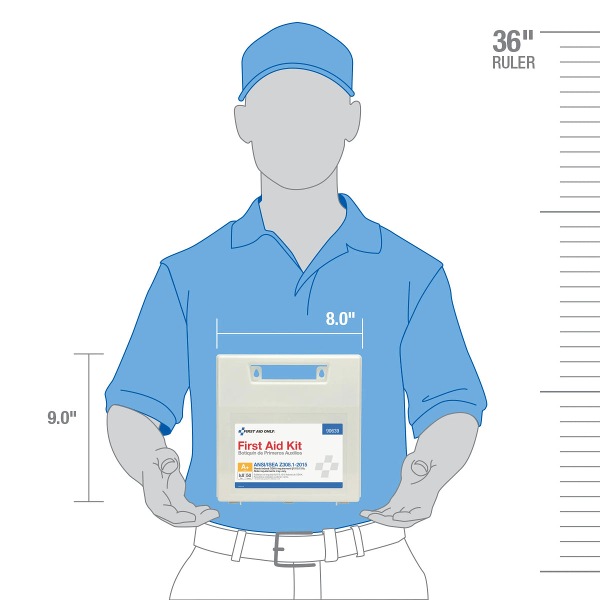 50 Person First Aid Kit case shown held against a torso illustration with dimension callouts of 8.0 inches width and 9.0 inches height for scale
