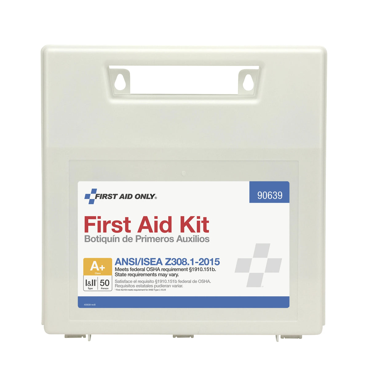 First Aid Only First Aid Kit closed white plastic case front, label numbered 90639 with ANSI/ISEA Z308.1-2015 Class A+, Type I&II, 50 Person badge