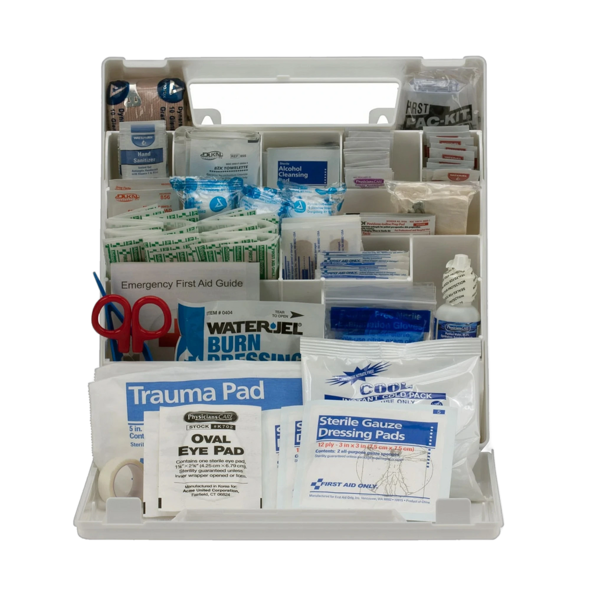 Open first aid kit case interior packed with rolled bandages, hand sanitizer, antiseptic towelettes, gauze pads, cotton balls, alcohol prep pads, trauma pad, oval eye pad, scissors, tape, Water-Jel burn dressing and an Emergency First Aid Guide