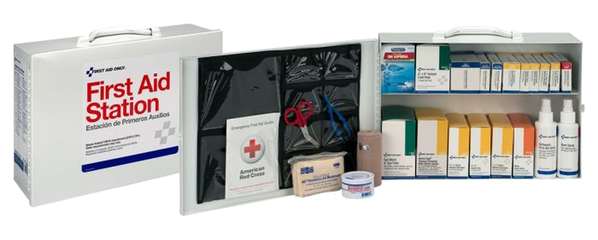 First Aid Only 75-person 2-shelf steel first aid station, closed and open with supplies on both shelves
