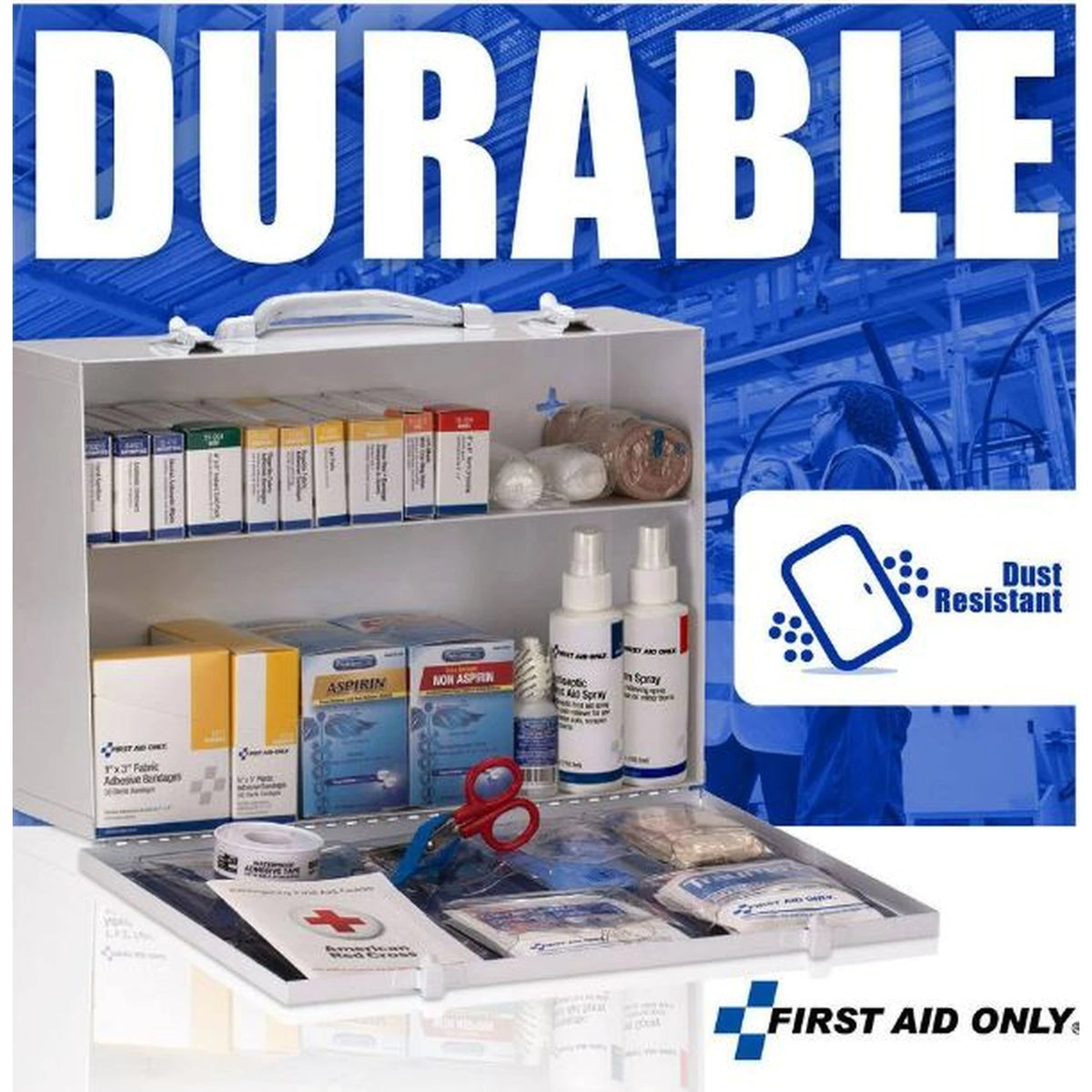 2-shelf steel first aid cabinet open, labeled durable and dust resistant