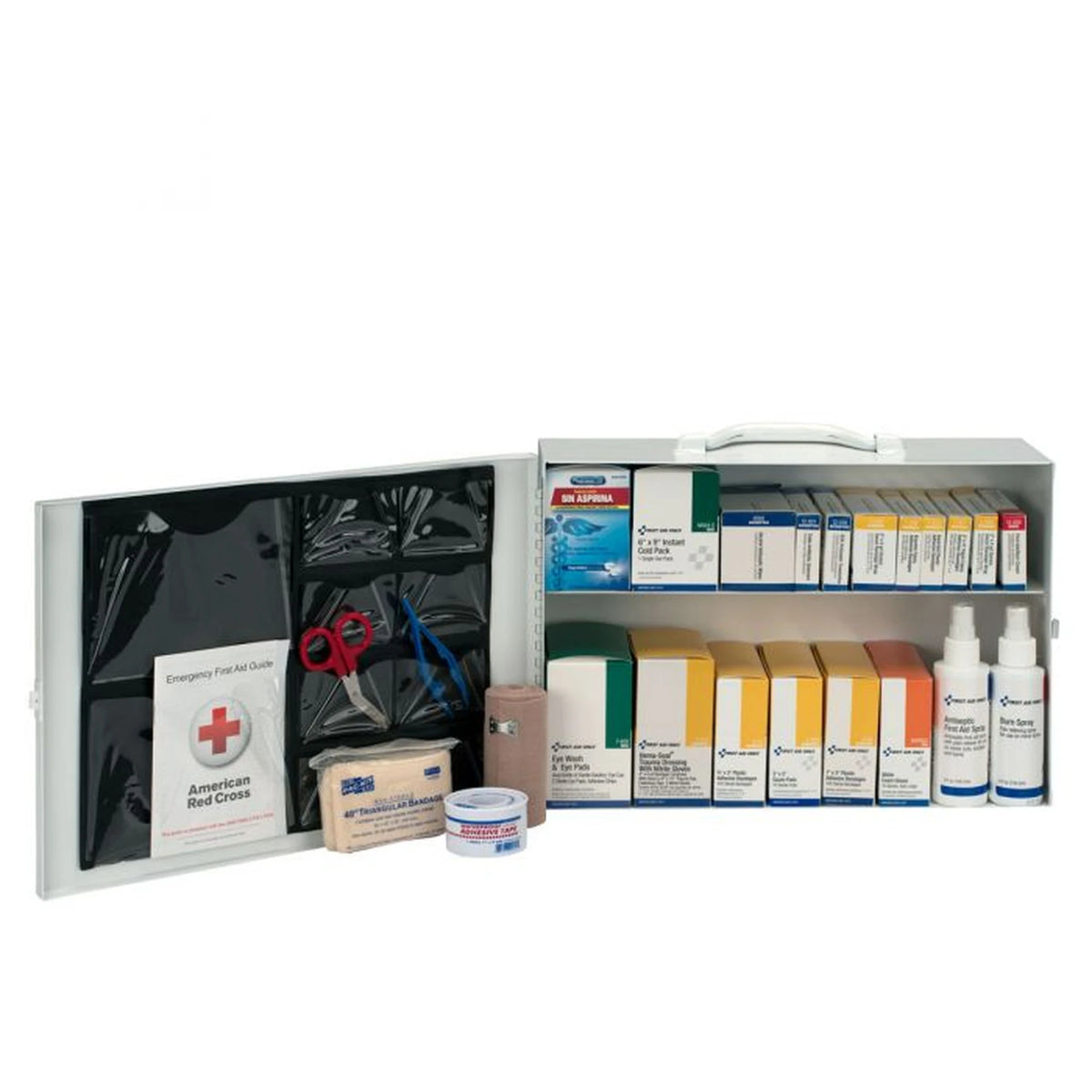2-shelf steel first aid cabinet open, showing door pockets, first aid guide, and stocked shelves