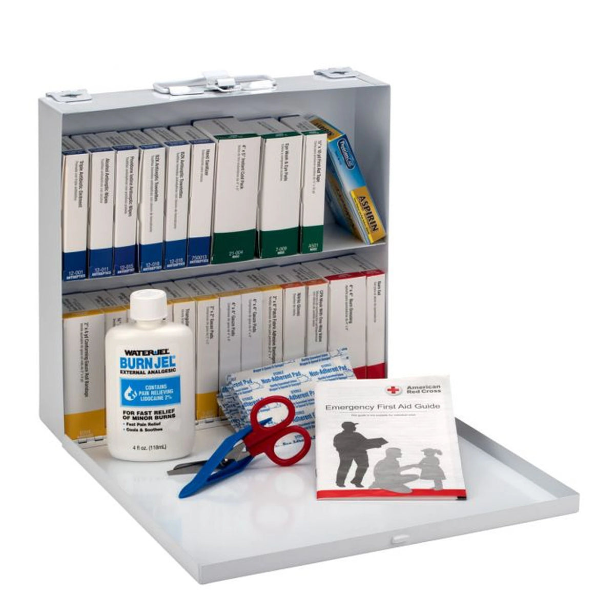 Open First Aid Only Restaurant First Aid Kit metal cabinet, angled view showing two shelves of labeled first aid supply boxes, Water Jel Burn Jel bottle, scissors, tweezers and an Emergency First Aid Guide on the fold-down tray