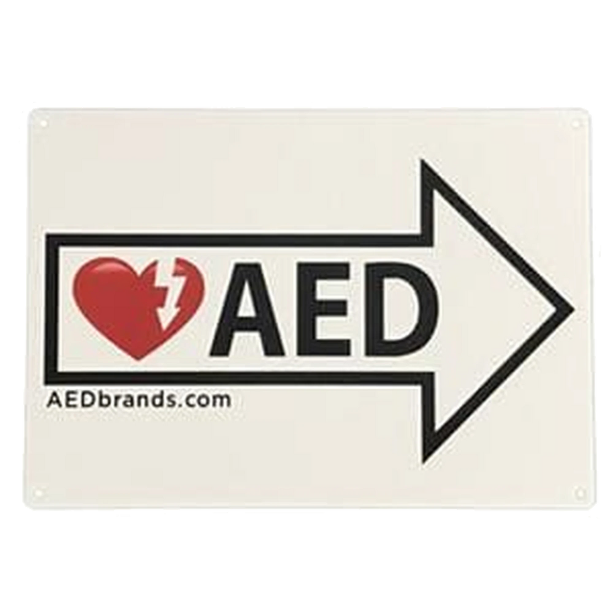 AED directional sign, off-white rectangular sign with a heart/lightning-bolt icon, AED text, and a right-pointing arrow, AEDbrands.com printed below