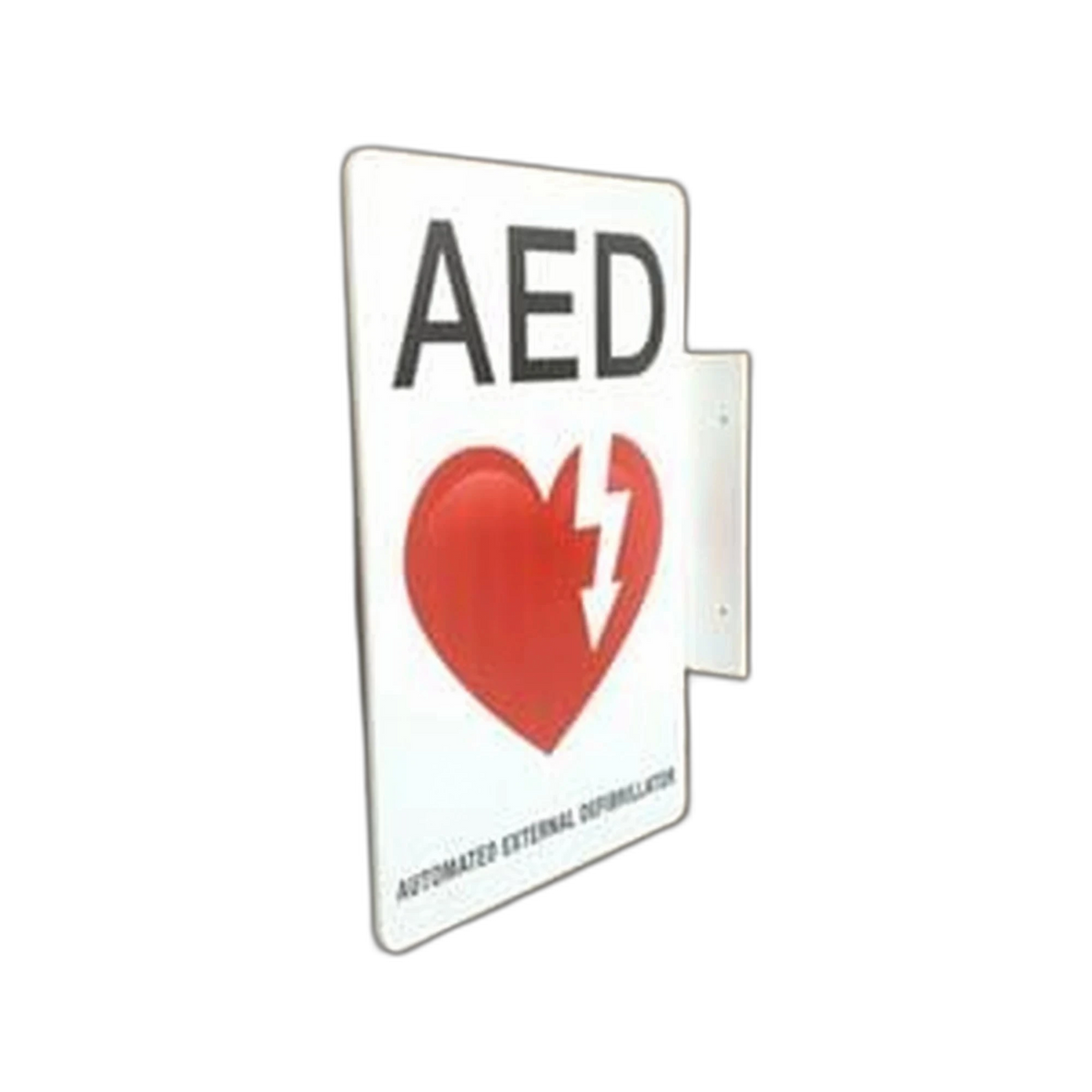 Flanged AED wall sign mounted on a wall, projecting rectangular sign reading AED with a heart/lightning-bolt icon and Automated External Defibrillator text, mounted on a wall-flange bracket