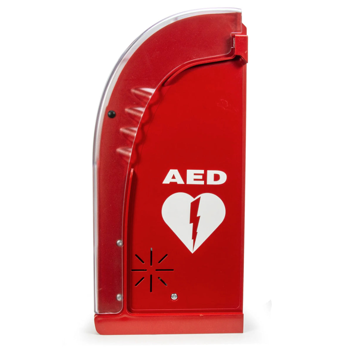 AIVIA 200 heated outdoor AED cabinet side profile, red enclosure with AED heart/lightning-bolt logo and a vent grille on the lower door