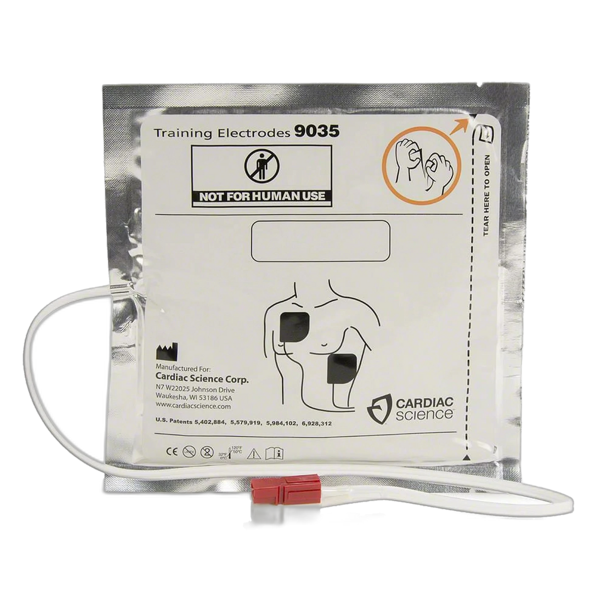 Cardiac Science Training Electrodes package (item 9035), sealed foil pouch labeled "NOT FOR HUMAN USE" with a torso diagram showing pad placement and a red training connector
