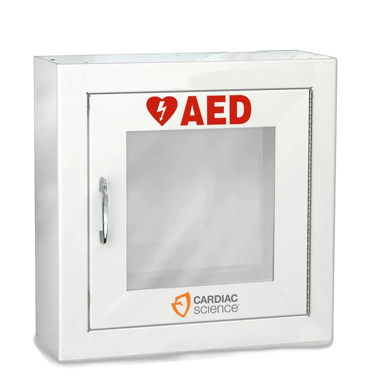 Cardiac Science brand AED cabinet, white steel with clear window, silver handle, red AED heart logo, and Cardiac Science logo