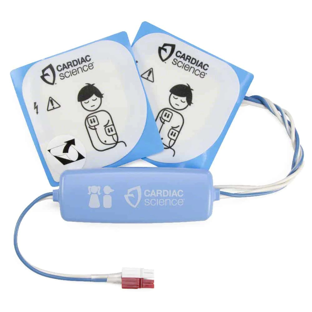 Cardiac Science Child/Infant pediatric electrode pads removed from packaging, two blue-bordered pads with child illustrations, wired to a blue pediatric key/adapter module with a red connector