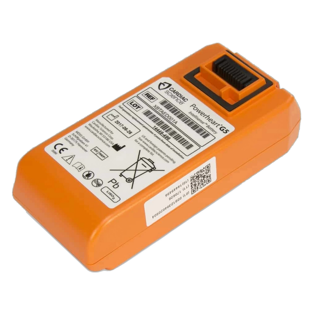 Cardiac Science Powerheart G5 Intellisense orange rectangular AED battery, angled view showing the label reading REF XBTAED001A and the black connector tab