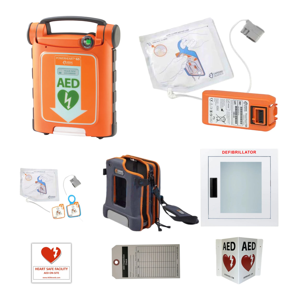 Cardiac Science Powerheart G5 AED value package contents grid: G5 defibrillator, adult electrode pad cartridge with battery, pediatric pad cartridge, carrying case, wall cabinet, inspection tag, and AED wall sign