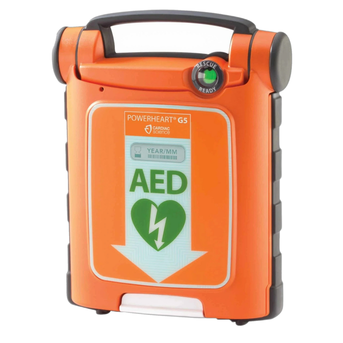 Cardiac Science Powerheart G5 AED, angled view of the orange case