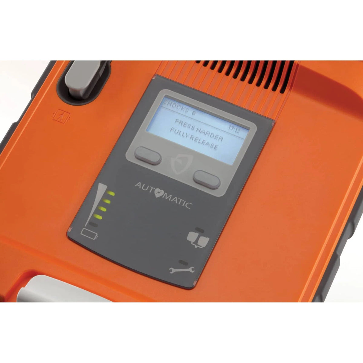 Cardiac Science Powerheart G5 AED display screen close-up showing IntelliSense CPR feedback prompting Press Harder, Fully Release
