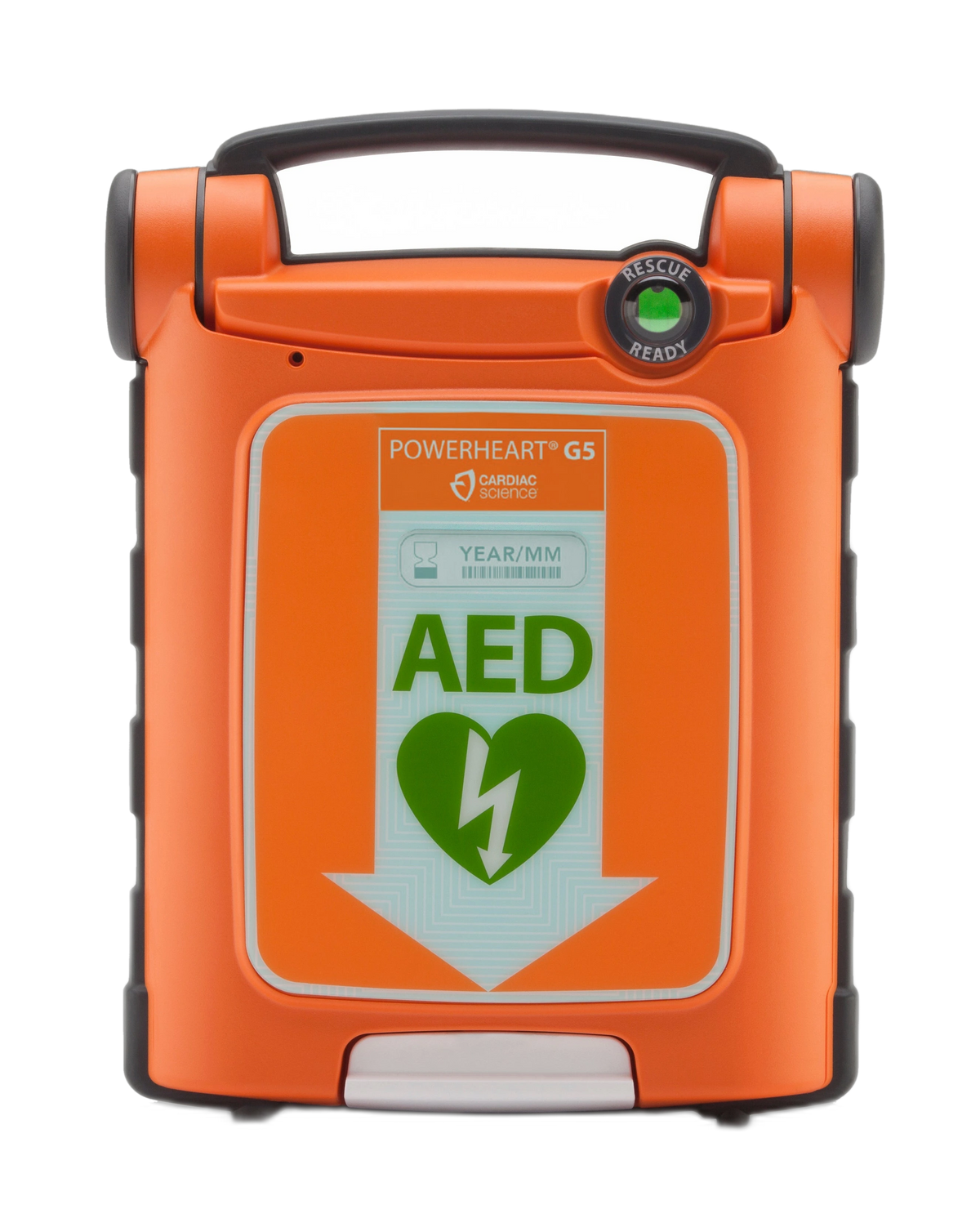 Cardiac Science Powerheart G5 AED front view in its orange rugged case with Rescue Ready indicator
