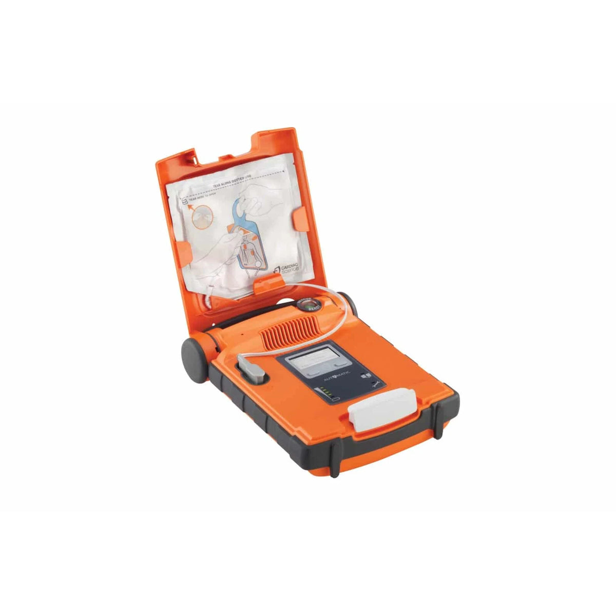 Cardiac Science Powerheart G5 AED with the lid open, showing the sealed IntelliSense pad cartridge and Automatic mode display