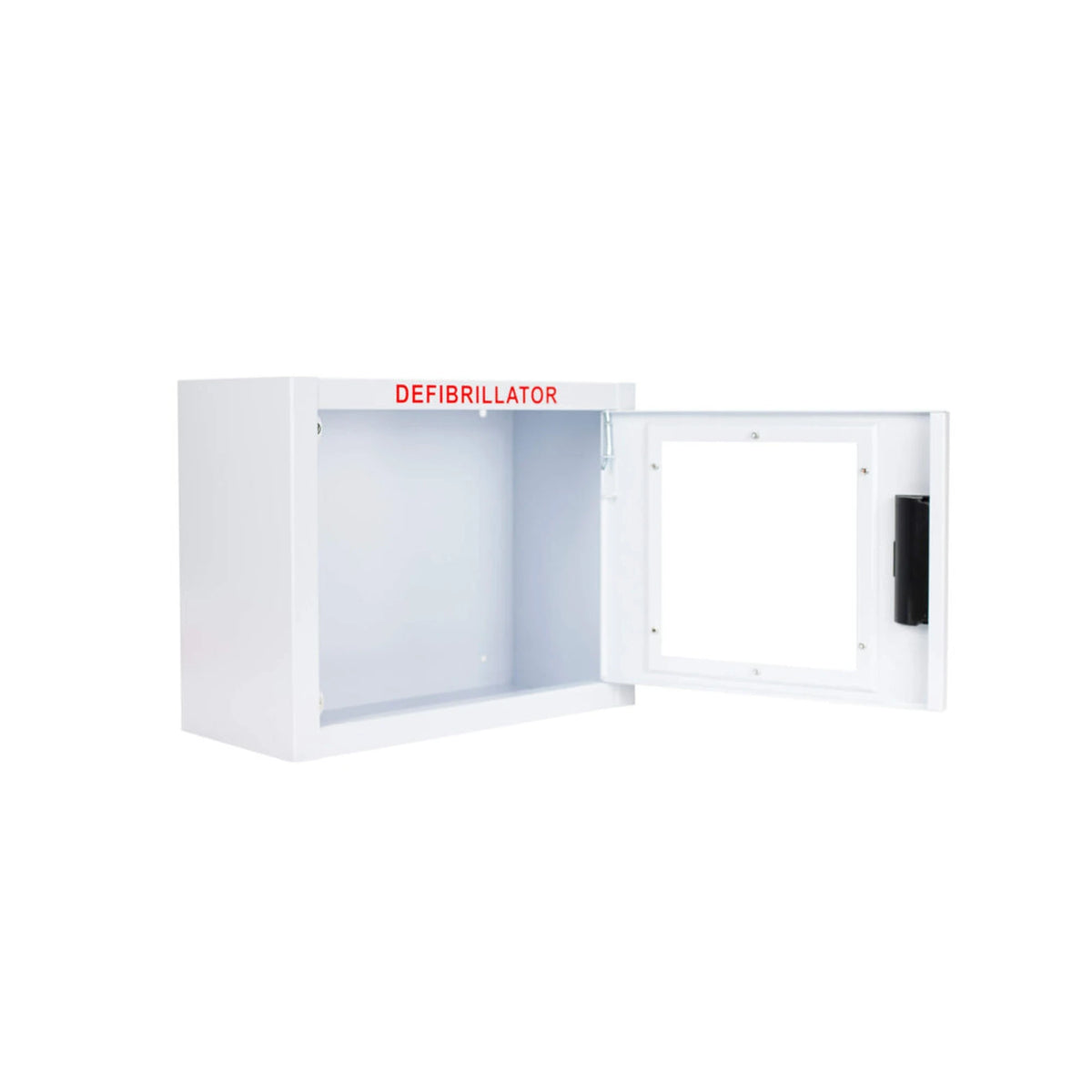 Compact AED wall cabinet, surface mount, door open showing the empty white interior