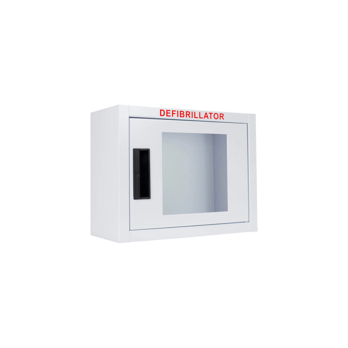 Compact AED wall cabinet, surface mount, angled view of the closed white cabinet with clear window