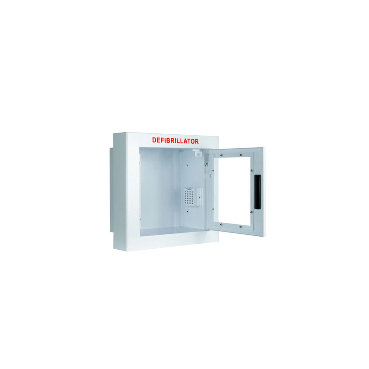 Compact AED wall cabinet, semi-recessed, door open showing the white interior and mounting flange