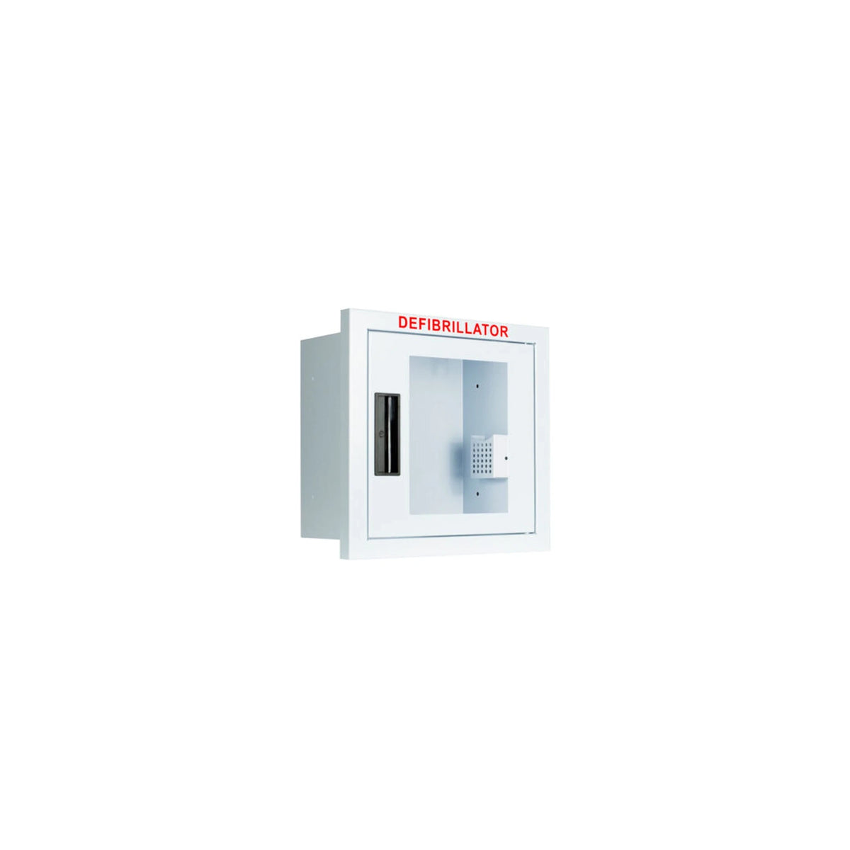 Compact AED wall cabinet, recessed, closed white cabinet with trim flange and clear window, angled view