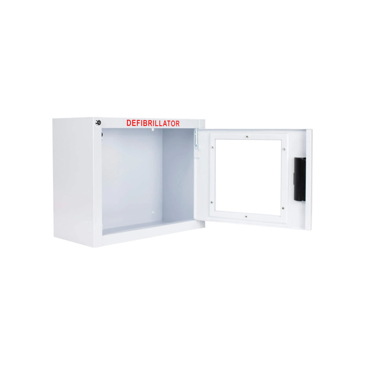 Compact AED wall cabinet with alarm, surface mount, door open showing the empty white interior