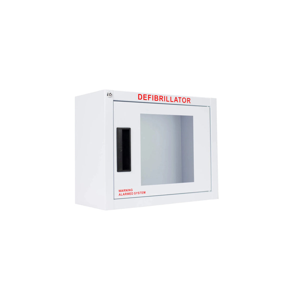 Compact AED wall cabinet with alarm, surface mount, angled view of the closed white cabinet