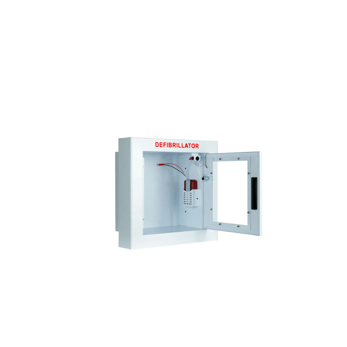 Compact AED wall cabinet with alarm, semi-recessed, door open showing the wired alarm unit inside