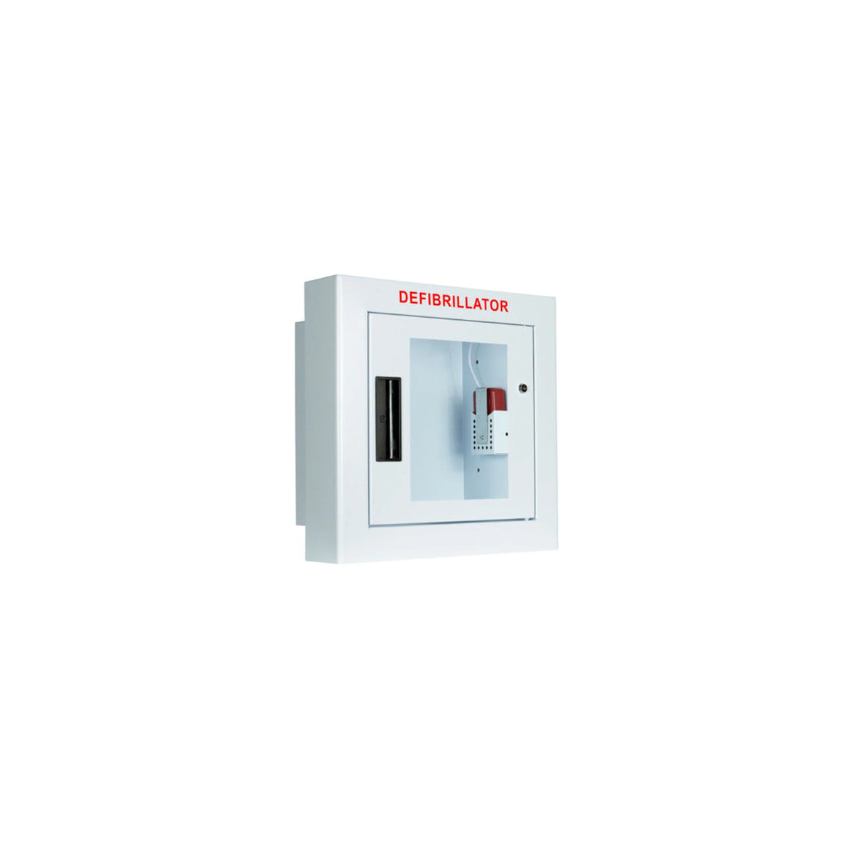 Compact AED wall cabinet with alarm, semi-recessed, closed white cabinet with flange and alarm unit visible through the window