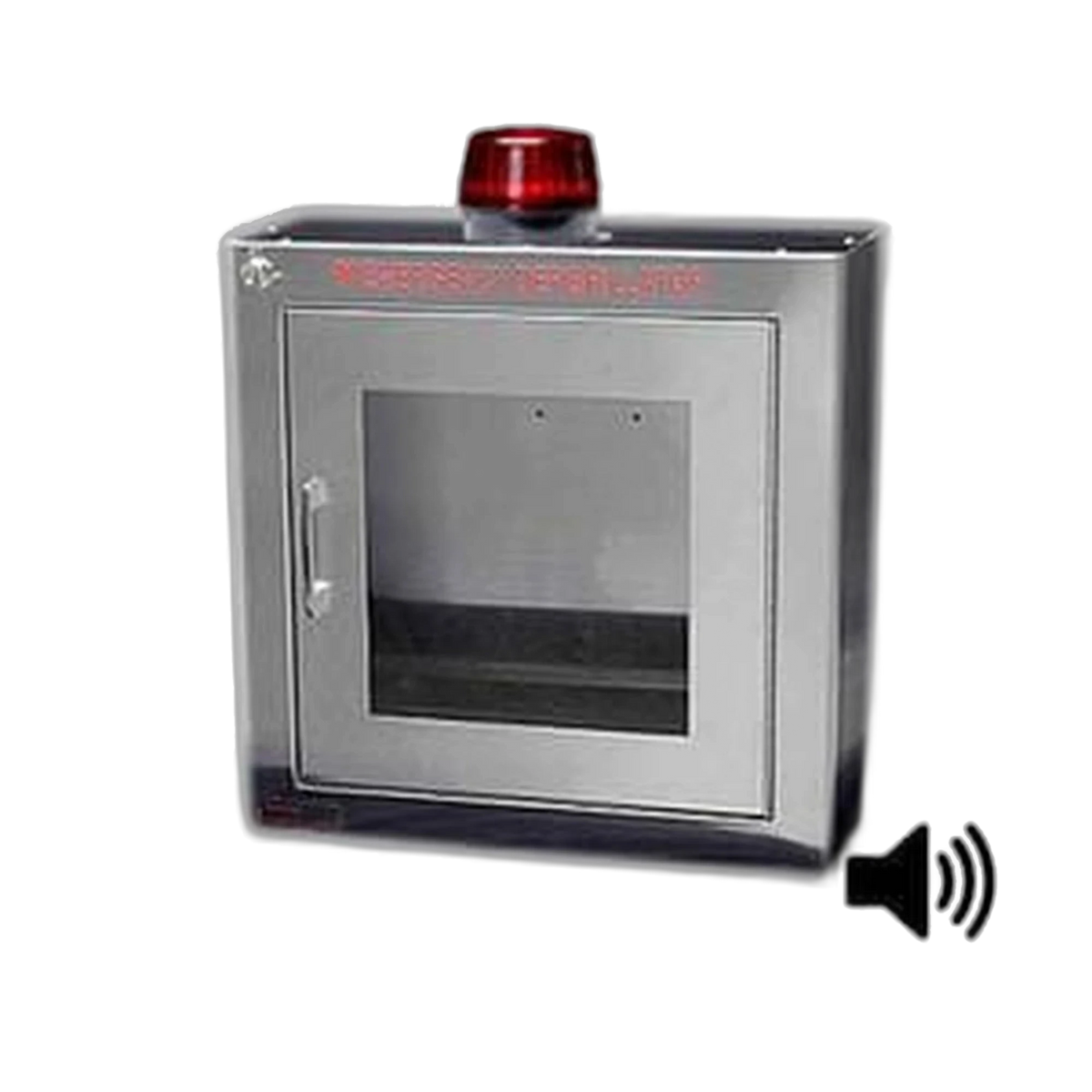 Stainless steel AED cabinet with red strobe light on top, clear window, silver handle, and speaker icon