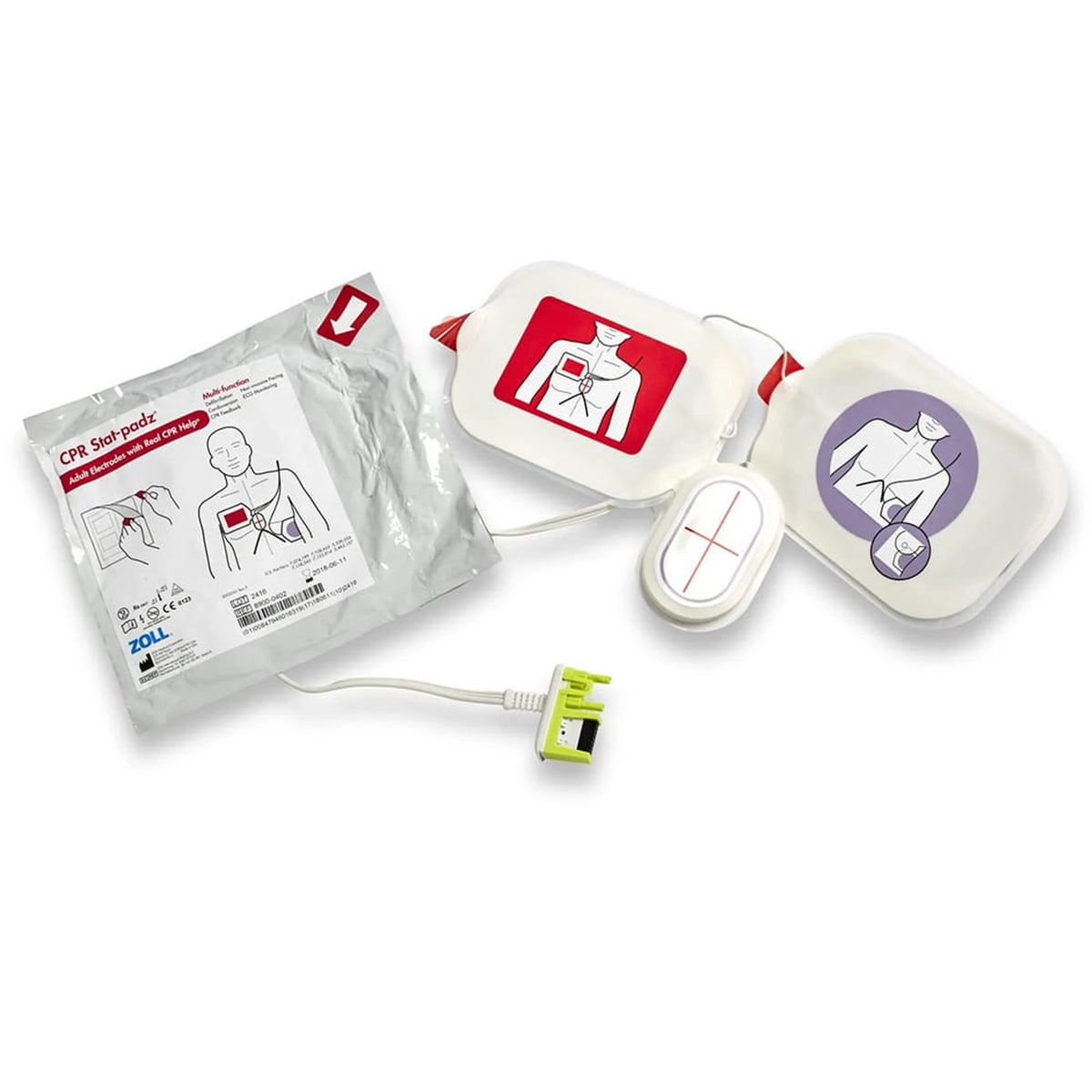 Zoll CPR Stat-padz adult electrodes, sealed foil pouch beside the unpackaged pads showing the connector, one rectangular chest pad and one pad with a CPR feedback puck, plus a torso diagram