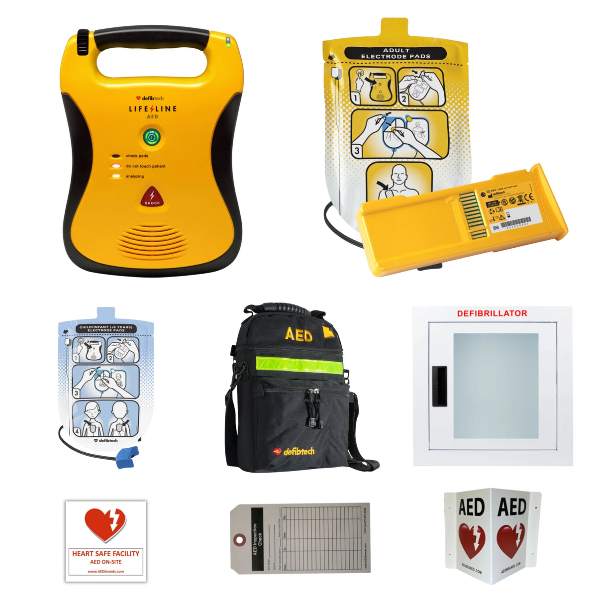 Defibtech Lifeline AED value package contents grid: Lifeline defibrillator, adult electrode pads with DBP-1400 battery, child/infant electrode pads, carrying case, wall cabinet, Heart Safe Facility decal, inspection tag, and AED wall sign