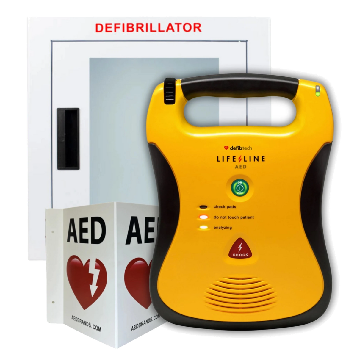 Defibtech Lifeline AED value package, yellow Lifeline defibrillator in front of a wall-mounted Defibrillator cabinet, AED wall sign, and inspection tag
