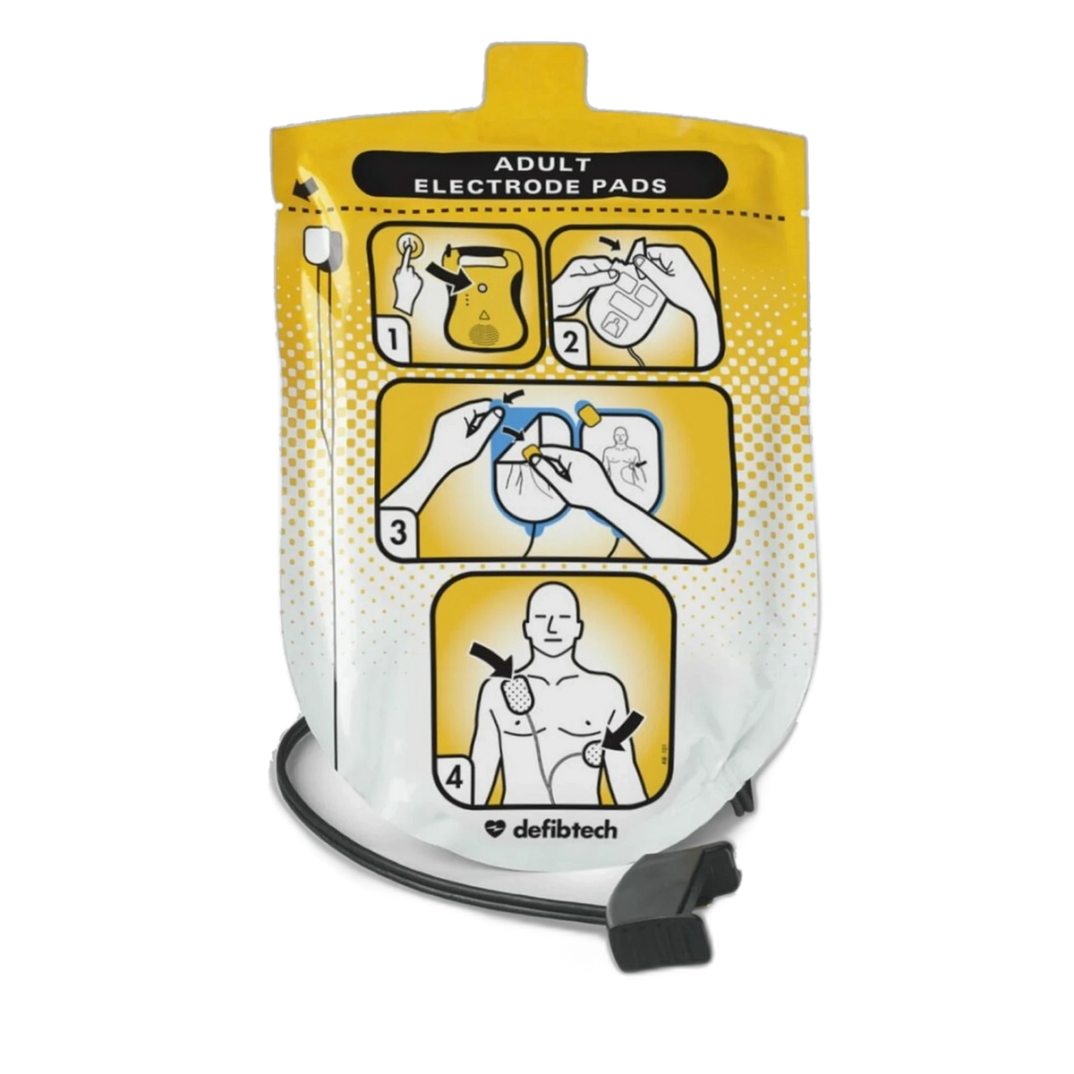 Defibtech Lifeline adult electrode pads package, yellow pouch labeled "Adult Electrode Pads" with numbered application instructions 1 through 4 and the defibtech logo