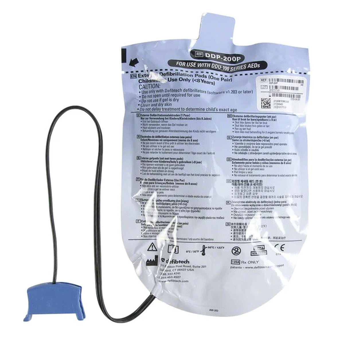 Defibtech Lifeline pediatric electrode pads package back label, pouch marked REF DDP-200P "For Use With DDU-100 Series AEDs" for Child/Infant use only, with the blue connector and wire shown beside it