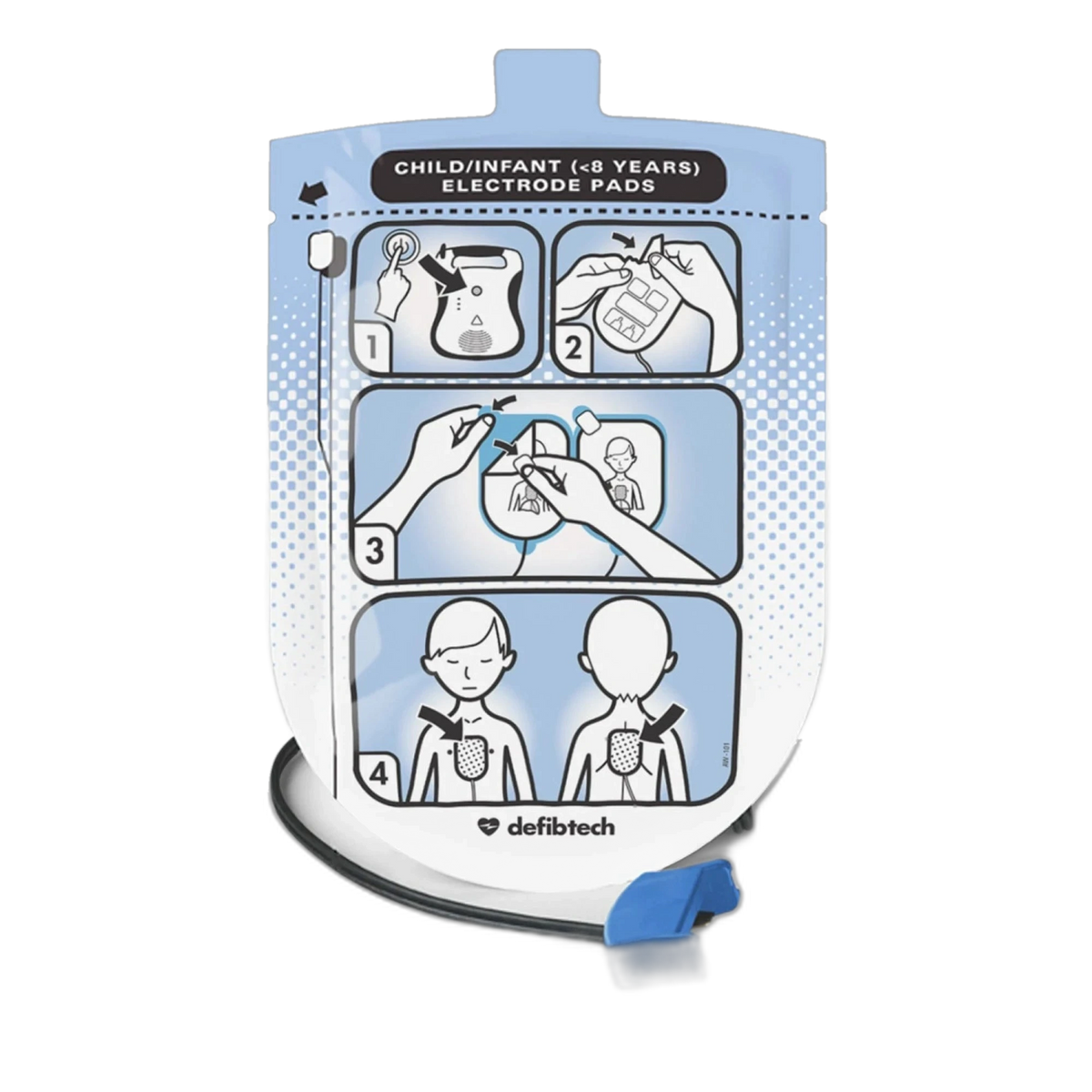 Defibtech Lifeline Child/Infant (under 8 years) electrode pads package, blue pouch with numbered application instructions 1 through 4 and the defibtech logo