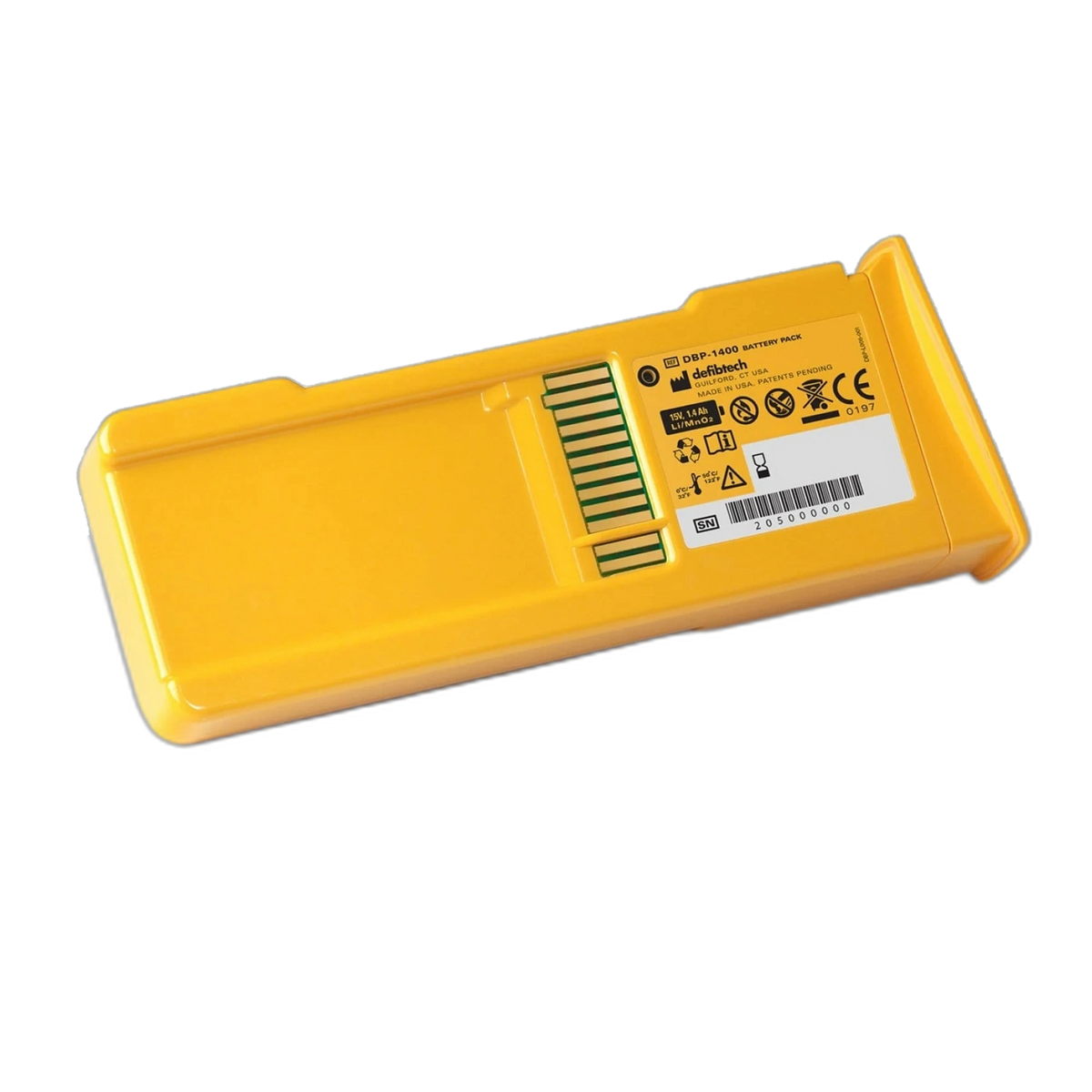 Defibtech Lifeline yellow rectangular battery pack, angled view showing the label REF DBP-1400 Battery Pack, 15V 1.4Ah Li/MnO2
