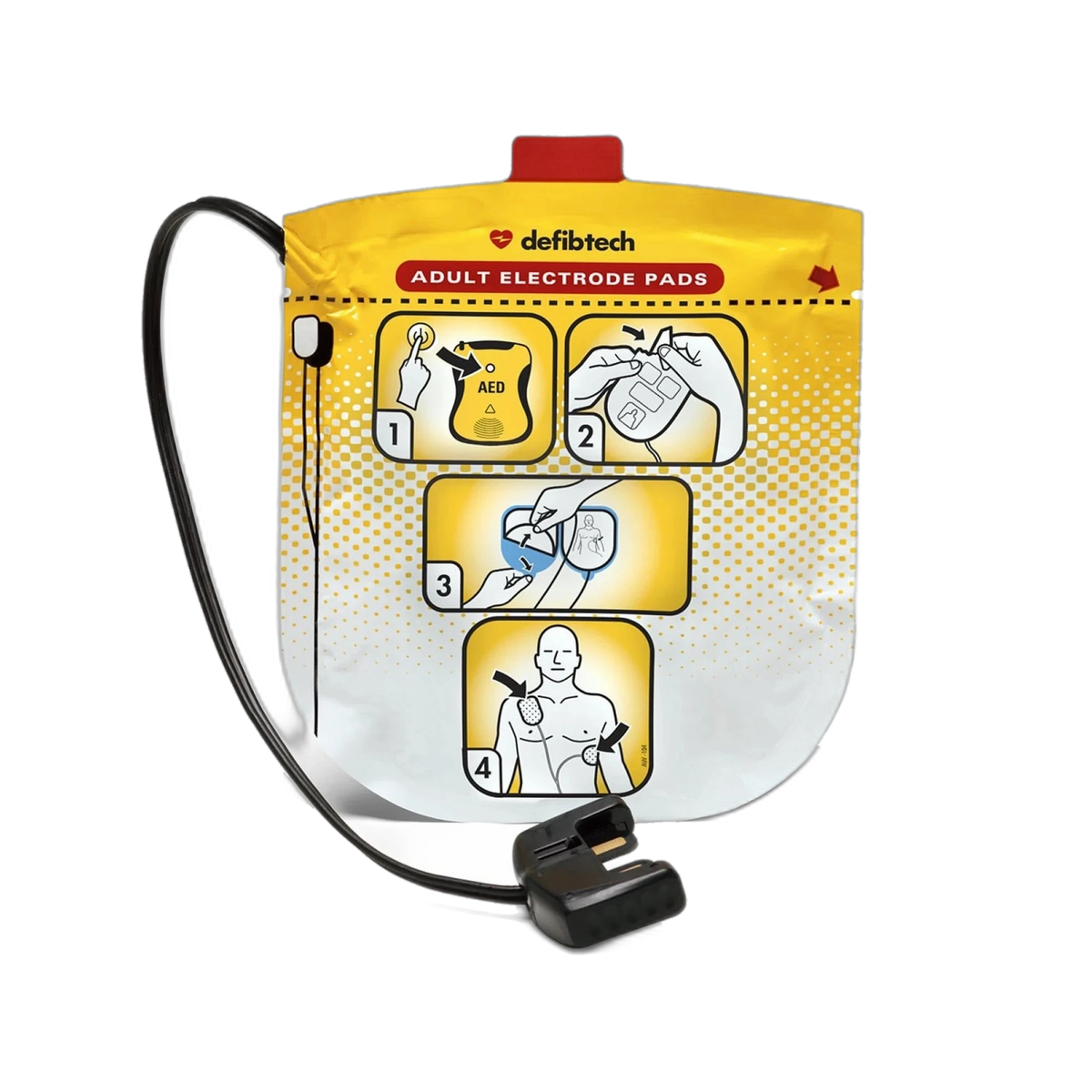 Defibtech Lifeline VIEW adult electrode pads package, yellow pouch labeled "Adult Electrode Pads" with numbered application instructions and the black connector shown below