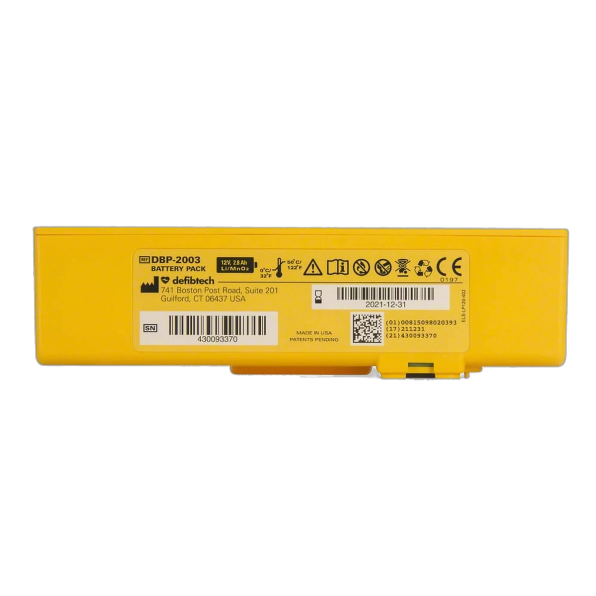 Defibtech Lifeline VIEW yellow rectangular battery pack, front label reading REF DBP-2003 Battery Pack, 12V 2.8Ah Li/MnO2