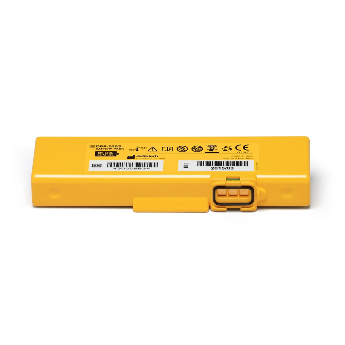 Defibtech Lifeline VIEW yellow rectangular battery pack, front label reading REF DBP-2003 Battery Pack, 12V 2.8Ah Li/MnO2, with serial number barcode