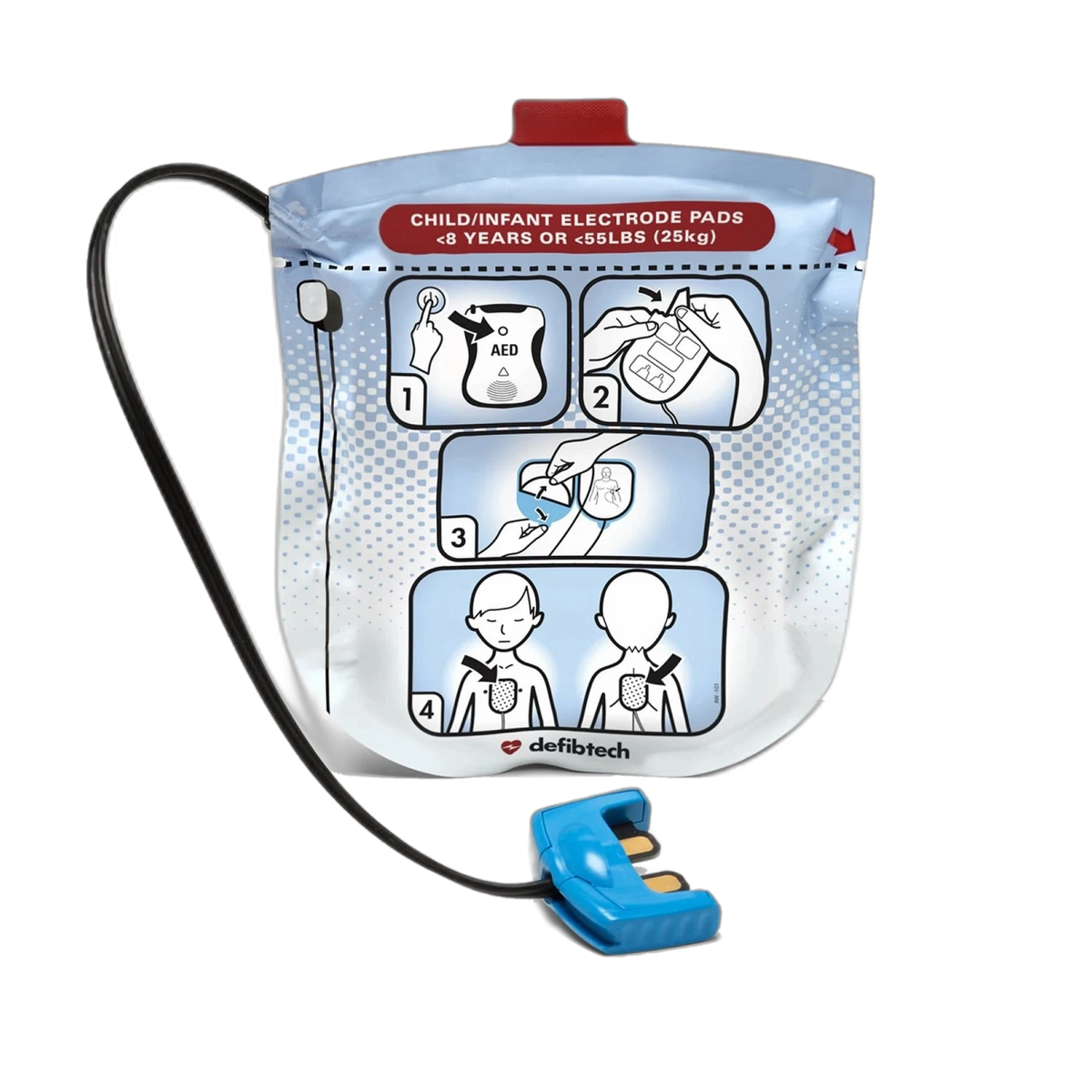 Defibtech Lifeline VIEW Child/Infant electrode pads package, blue pouch labeled "Child/Infant Electrode Pads <8 Years or <55lbs (25kg)" with numbered application instructions and a blue connector below
