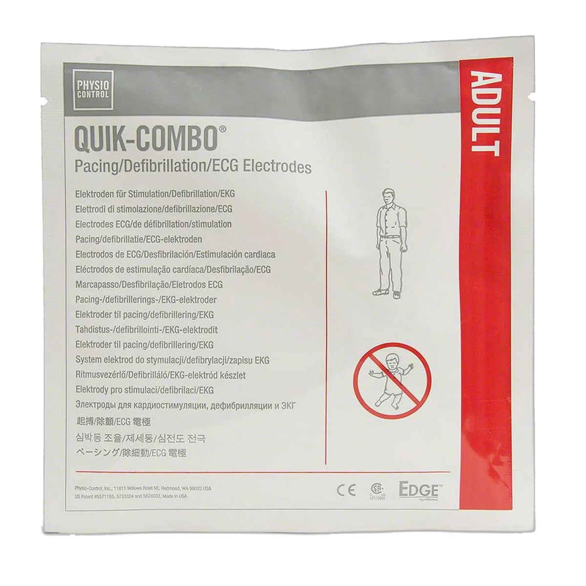 QUIK-COMBO adult pacing, defibrillation, and ECG electrodes in sealed Physio-Control package
