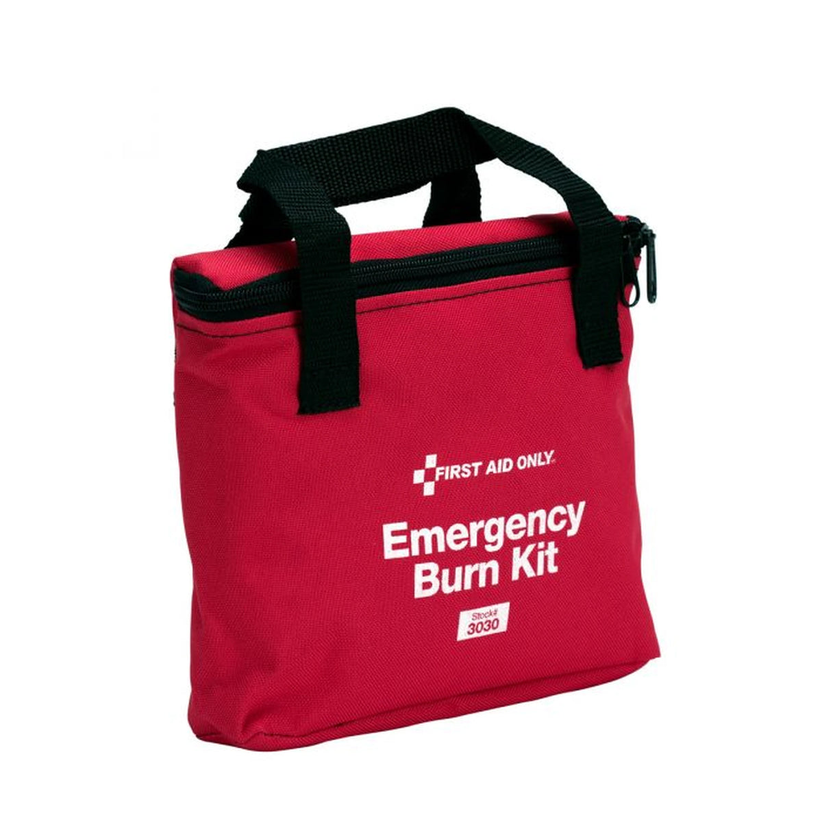 First Aid Only red nylon Emergency Burn Kit zippered bag, angled three-quarter view showing the front label and zipper pulls