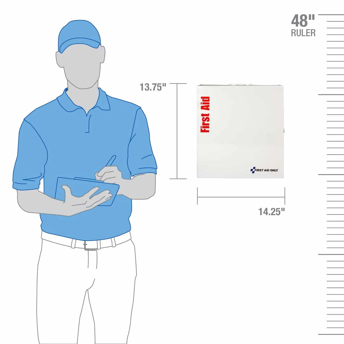Large first aid cabinet size guide, 13.75 inches tall by 14.25 inches wide, beside a person for scale