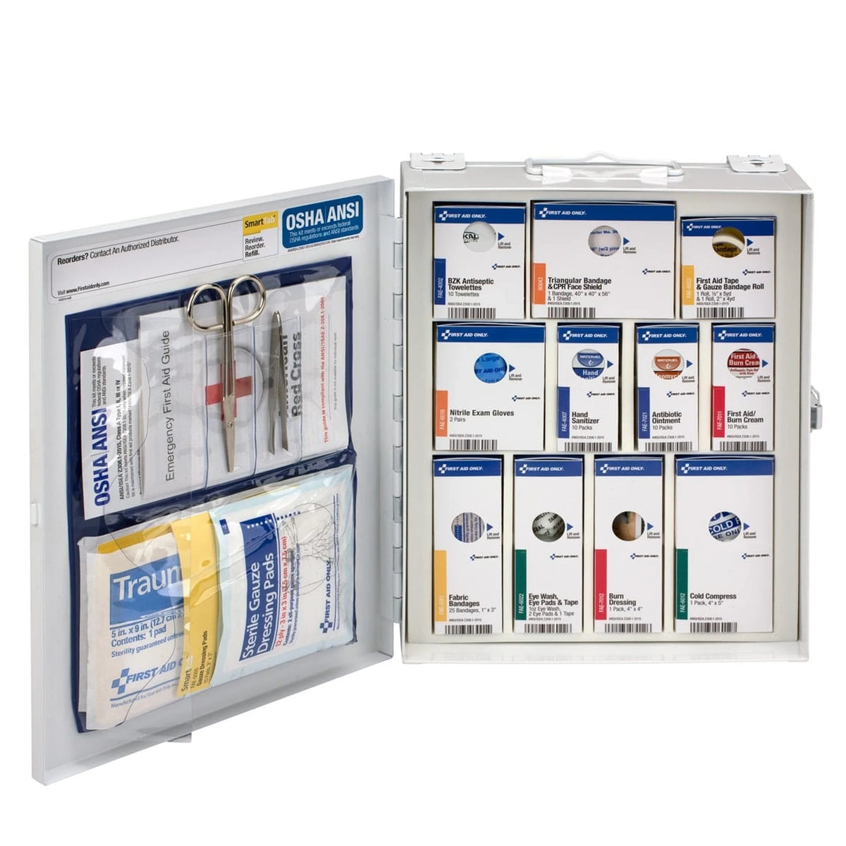 Medium SmartCompliance first aid cabinet open, showing scissors, dressings, and labeled refill boxes