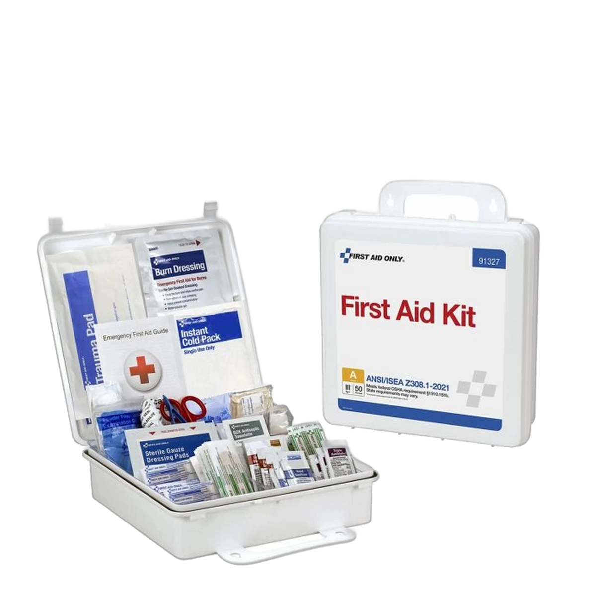 First Aid Only First Aid Kit, open case showing trauma pad, burn dressing, instant cold pack and Emergency First Aid Guide beside the closed white plastic case labeled 91327 with ANSI/ISEA Z308.1-2021 Class A, Type III, 50 Person badge