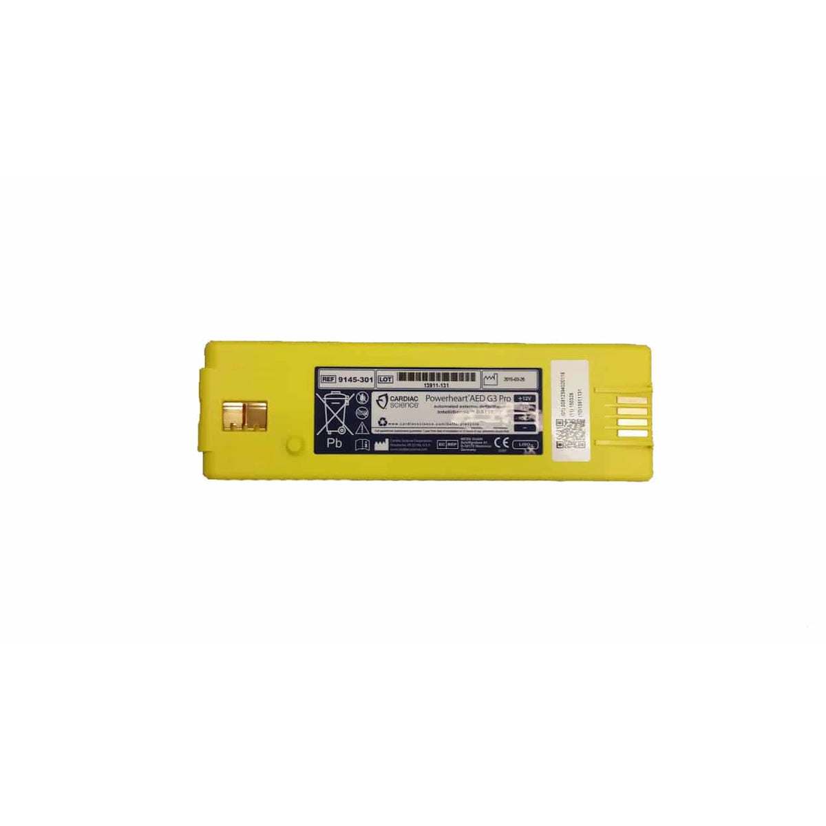 Cardiac Science Powerheart AED G3 Pro yellow battery pack, flat top-down view showing the full label with REF 9145-301 and LOT barcode