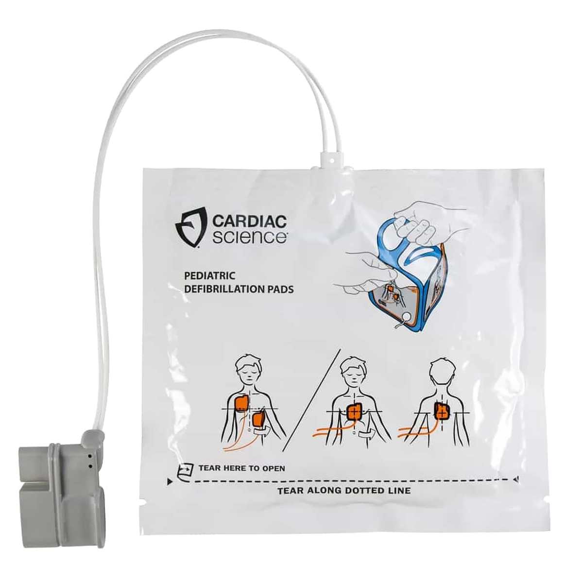 Cardiac Science Powerheart G5 Pediatric Defibrillation Pads package, white and blue pouch labeled "Pediatric Defibrillation Pads" with a hand illustration opening the connector cradle and torso placement diagrams