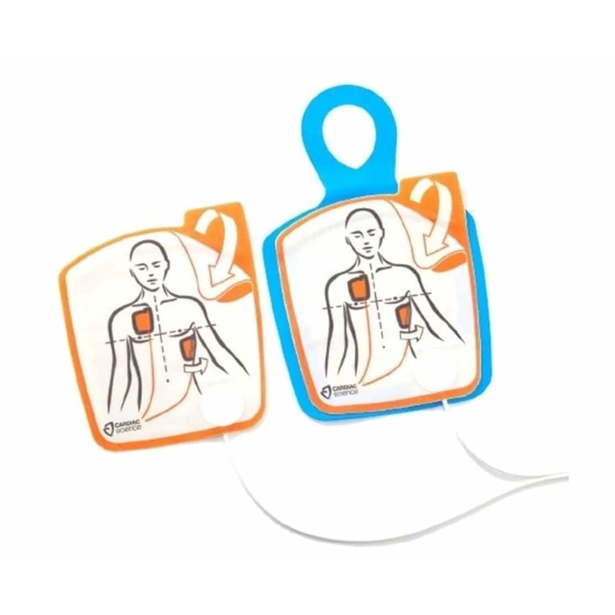 Cardiac Science Powerheart G5 adult electrode pads removed from packaging, two orange-bordered square pads with torso placement diagrams, wired to a gray connector
